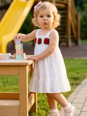 Luxury white cotton girls dress with handcrafted crochet red roses and eyelet fabric by BreakOrDie