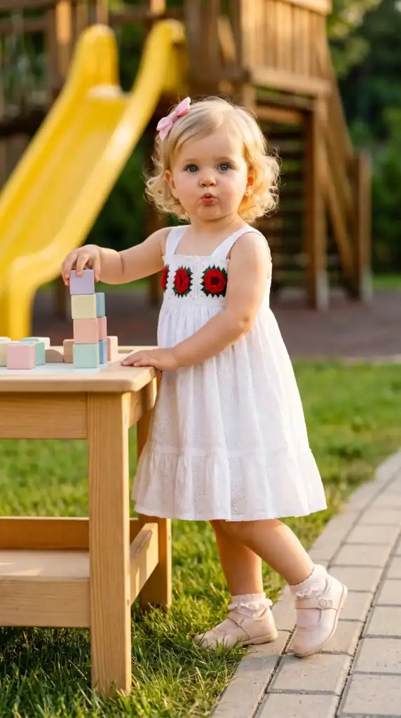 Luxury white cotton girls dress with handcrafted crochet red roses and eyelet fabric by BreakOrDie