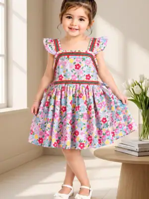 BreakOrDie premium floral cotton dress for toddler girls with flutter sleeves and square neckline