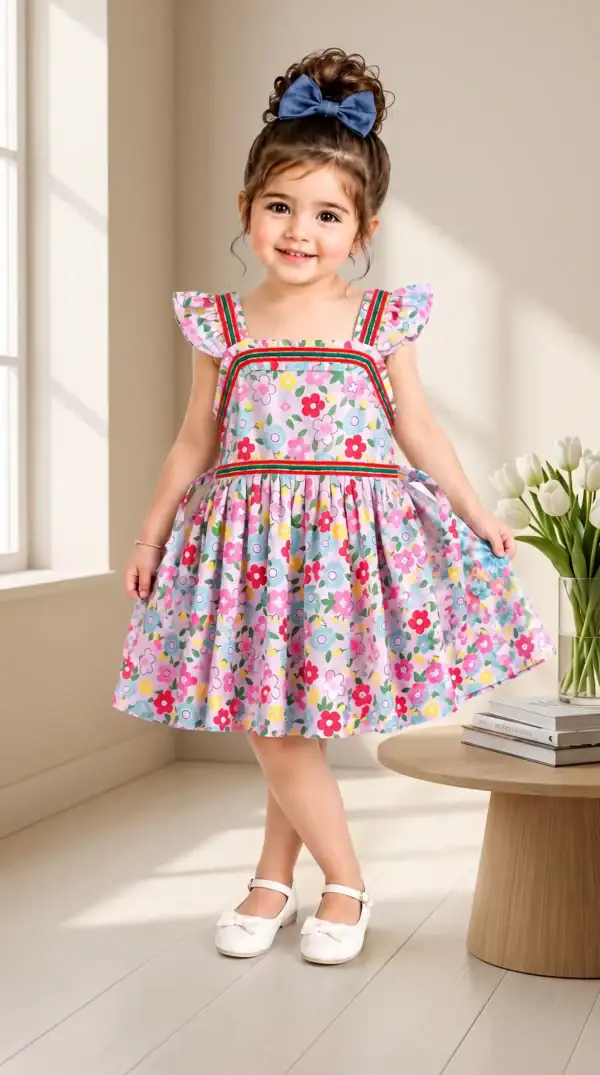 BreakOrDie premium floral cotton dress for toddler girls with flutter sleeves and square neckline