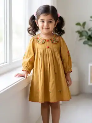 BreakOrDie luxury mustard embroidered girls dress made from premium cotton with Peter Pan collar