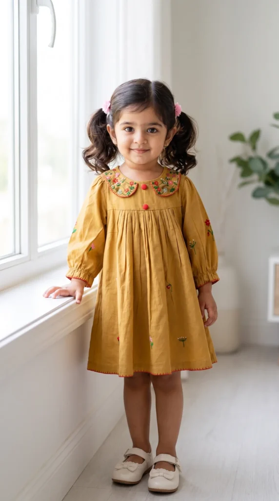 BreakOrDie luxury mustard embroidered girls dress made from premium cotton with Peter Pan collar