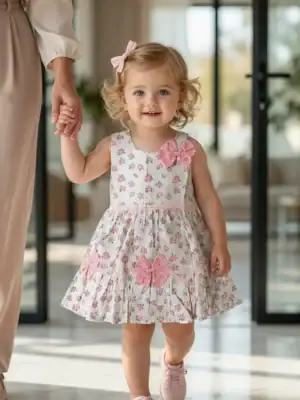 BreakOrDie girls white and pink floral cotton sleeveless toddler dress with decorative bows