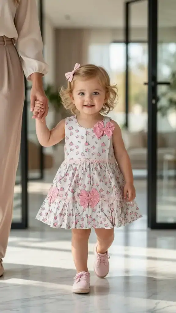 BreakOrDie girls white and pink floral cotton sleeveless toddler dress with decorative bows