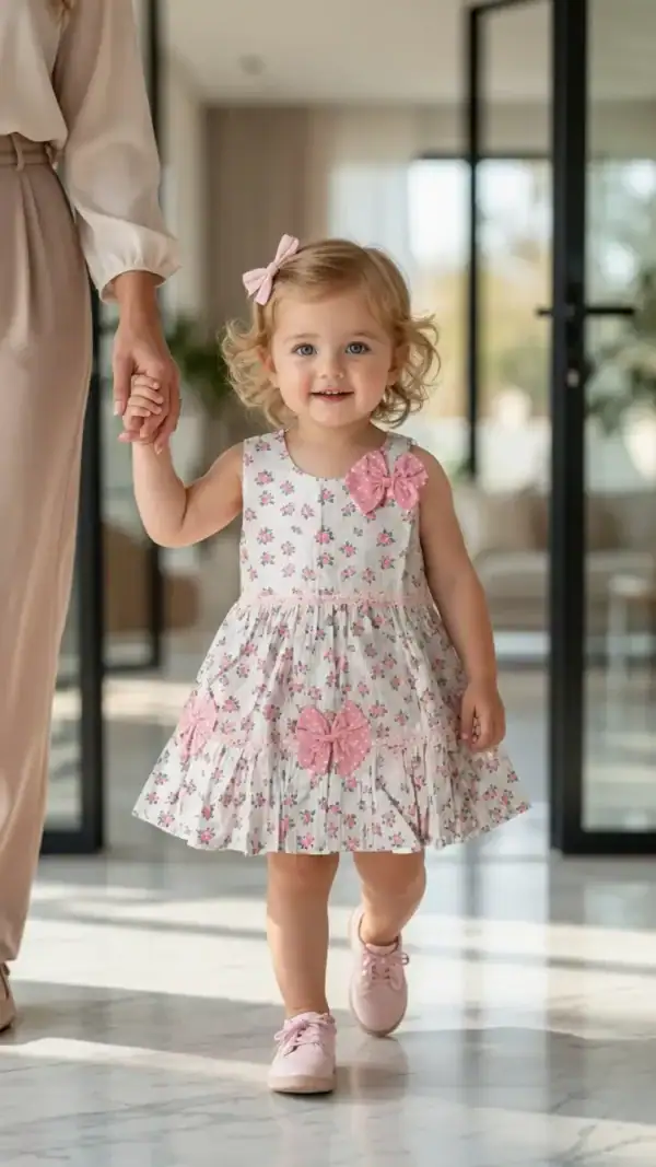 BreakOrDie girls white and pink floral cotton sleeveless toddler dress with decorative bows