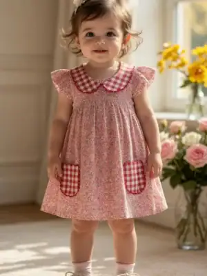BreakOrDie girls pink floral cotton Peter Pan collar dress with gingham pockets