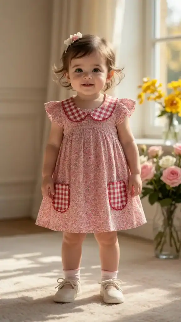 BreakOrDie girls pink floral cotton Peter Pan collar dress with gingham pockets