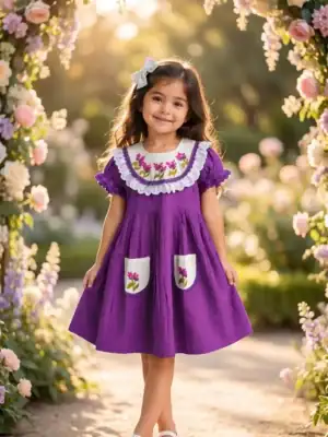 BreakOrDie purple floral embroidered premium cotton toddler girls dress with lace bib collar and embroidered pockets