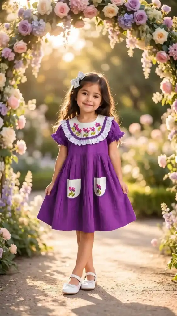 BreakOrDie purple floral embroidered premium cotton toddler girls dress with lace bib collar and embroidered pockets