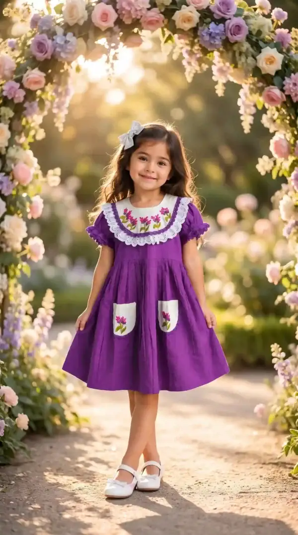 BreakOrDie purple floral embroidered premium cotton toddler girls dress with lace bib collar and embroidered pockets