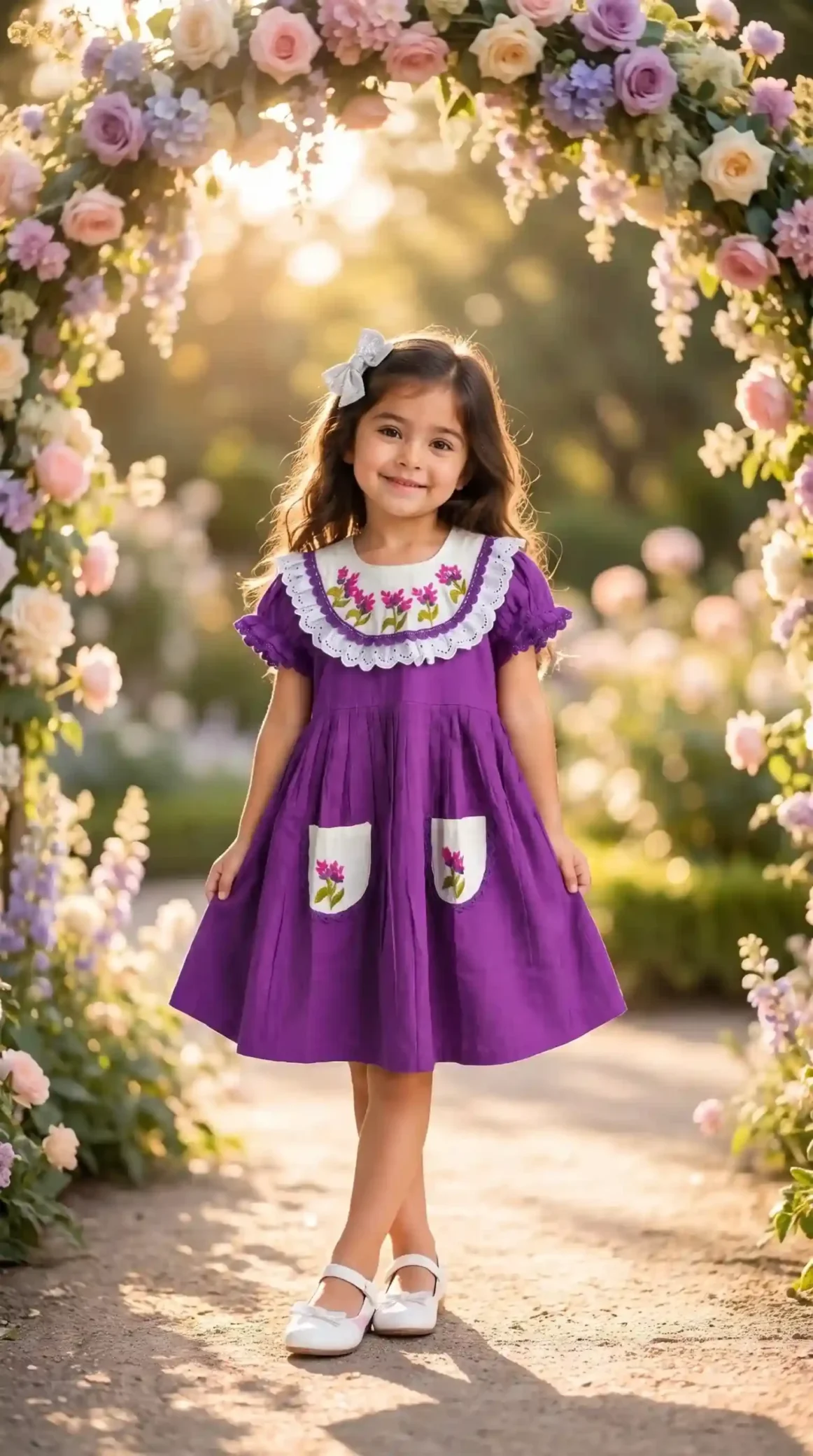 BreakOrDie purple floral embroidered premium cotton toddler girls dress with lace bib collar and embroidered pockets