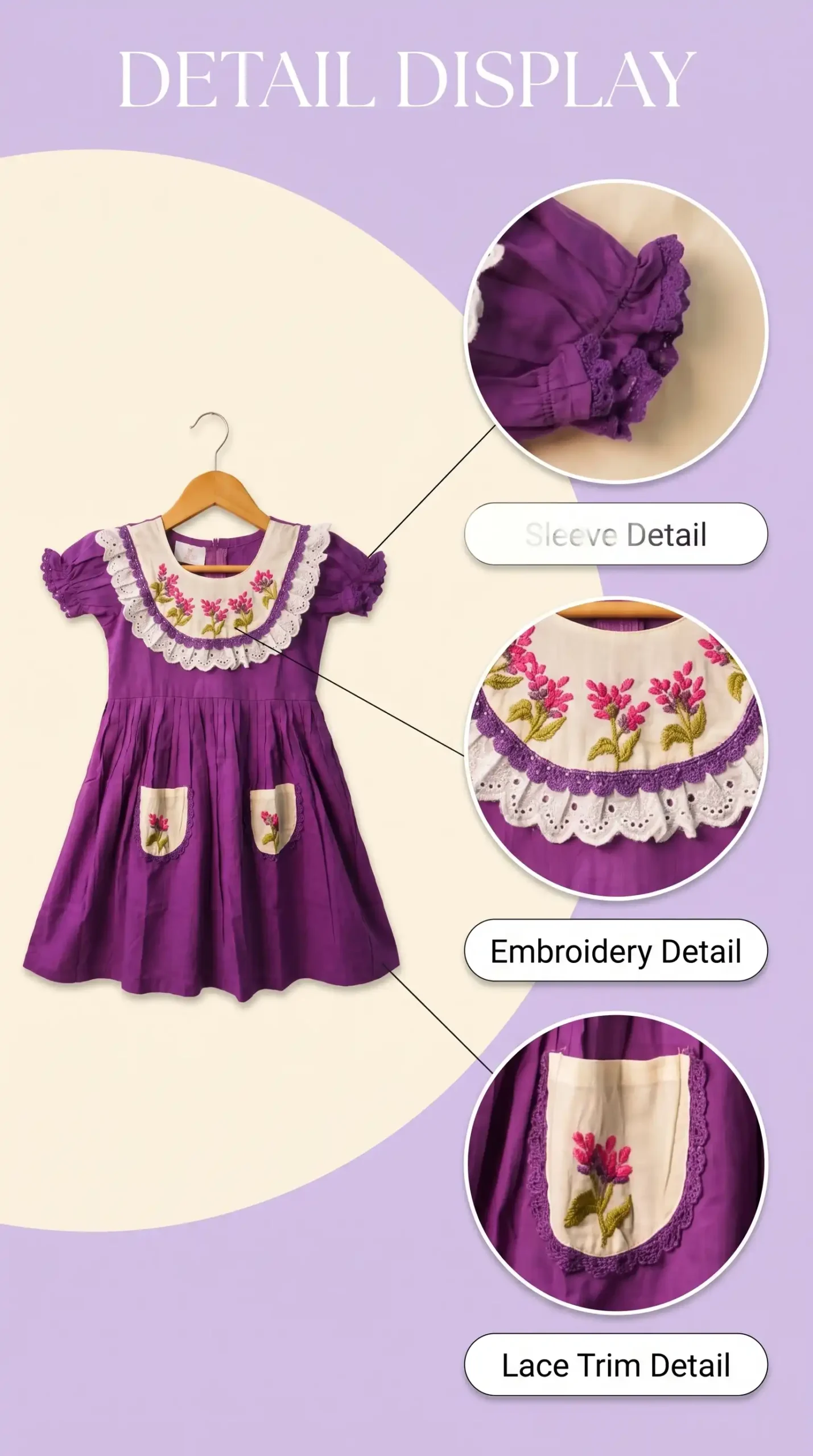 BreakOrDie purple floral embroidered premium cotton toddler girls dress with lace bib collar and embroidered pockets