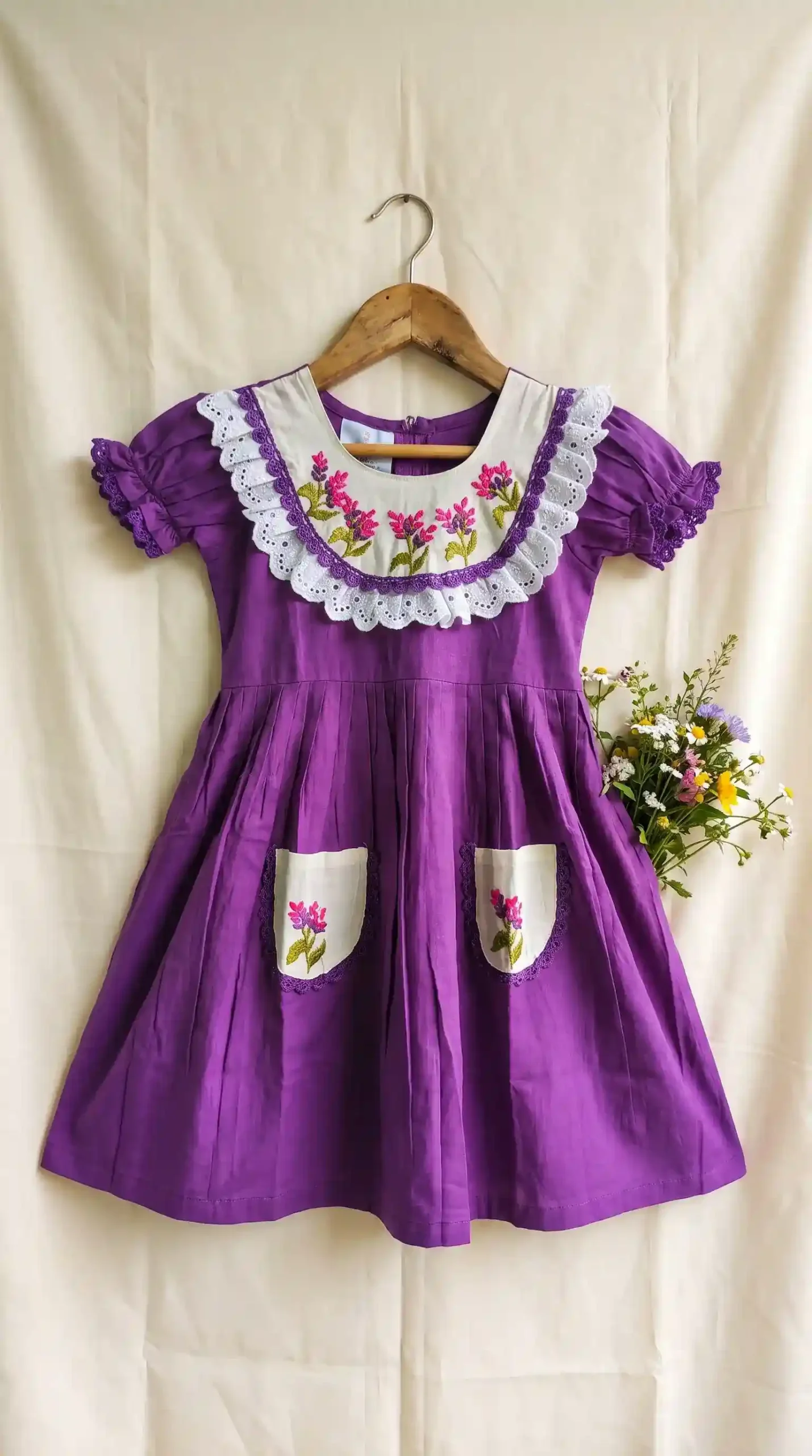 BreakOrDie purple floral embroidered premium cotton toddler girls dress with lace bib collar and embroidered pockets