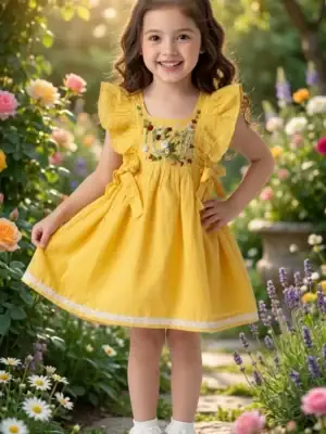 BreakOrDie sunshine yellow girls 100% cotton embroidered dress with floral bodice and ruffle shoulder straps
