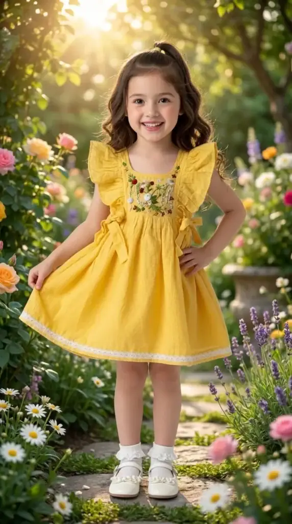 BreakOrDie sunshine yellow girls 100% cotton embroidered dress with floral bodice and ruffle shoulder straps