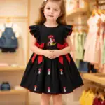 BreakOrDie black embroidered mushroom 100% premium cotton girls boutique dress with red satin bows