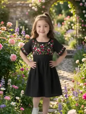 BreakOrDie girls black 100% cotton dress with handcrafted floral embroidery and wide sleeves