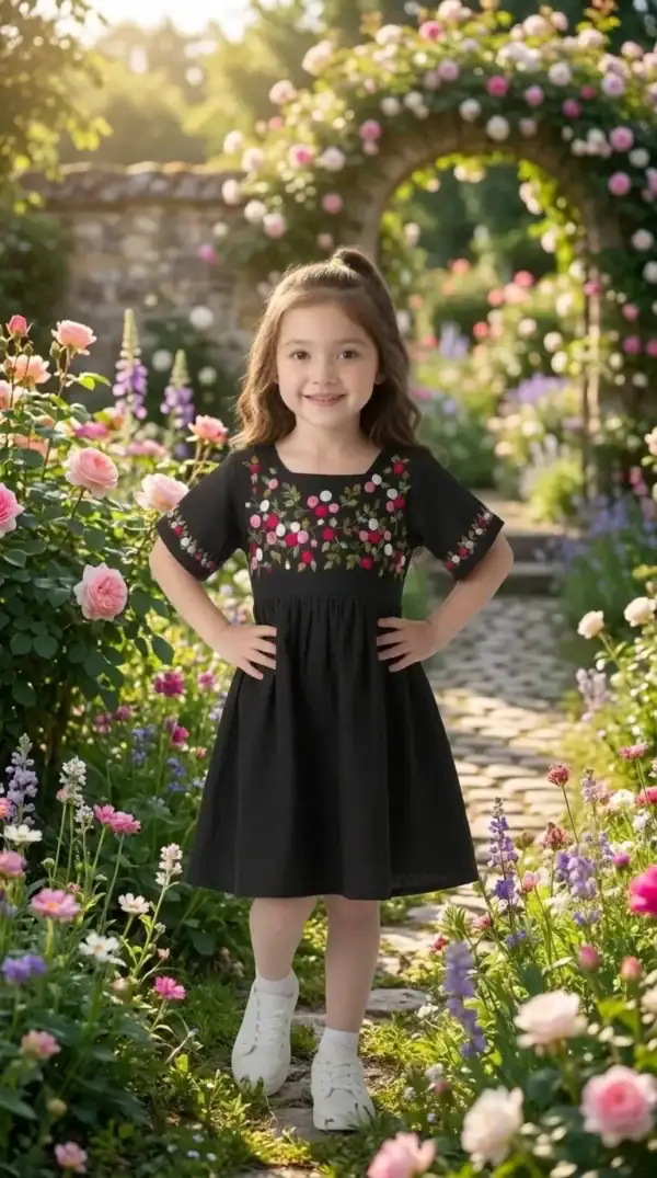 BreakOrDie girls black 100% cotton dress with handcrafted floral embroidery and wide sleeves