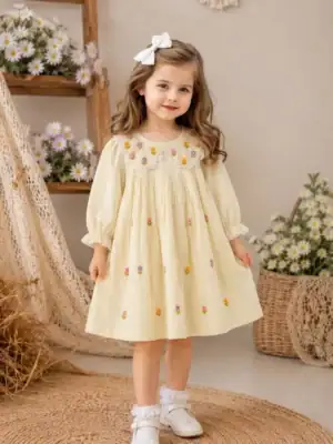 BreakOrDie cream floral embroidered 100% premium cotton girls boutique dress with embroidered Peter Pan collar