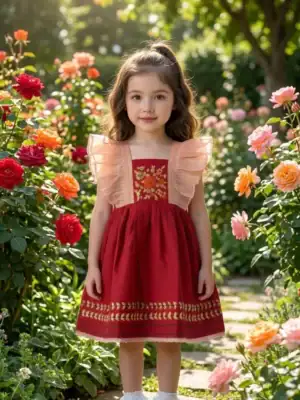 BreakOrDie girls berry red 100% cotton embroidered dress with floral bodice and ruffle shoulder straps