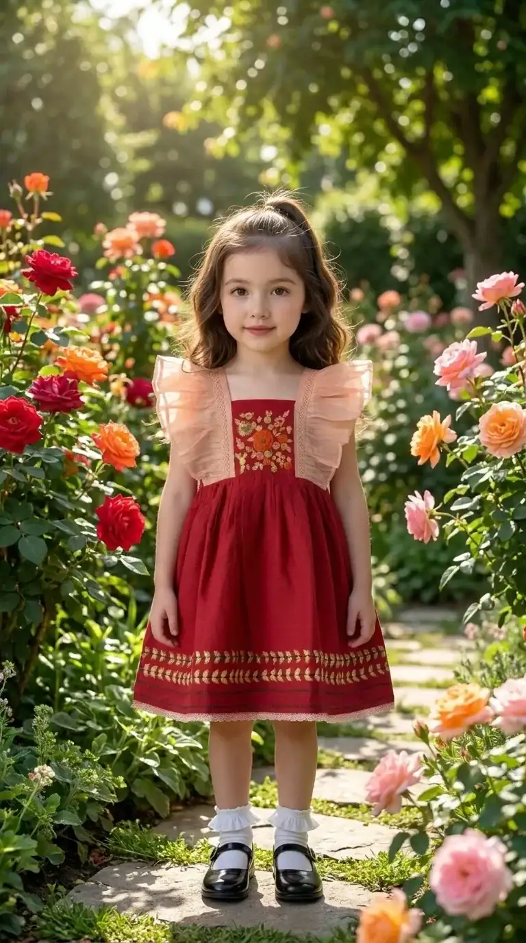 BreakOrDie girls berry red 100% cotton embroidered dress with floral bodice and ruffle shoulder straps