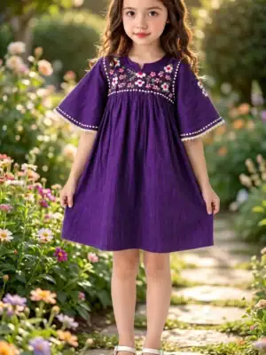 BreakOrDie girls deep purple 100% cotton embroidered dress with floral yoke and bell sleeves