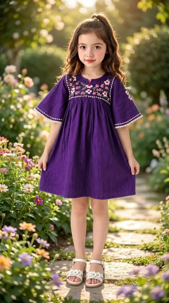 BreakOrDie girls deep purple 100% cotton embroidered dress with floral yoke and bell sleeves