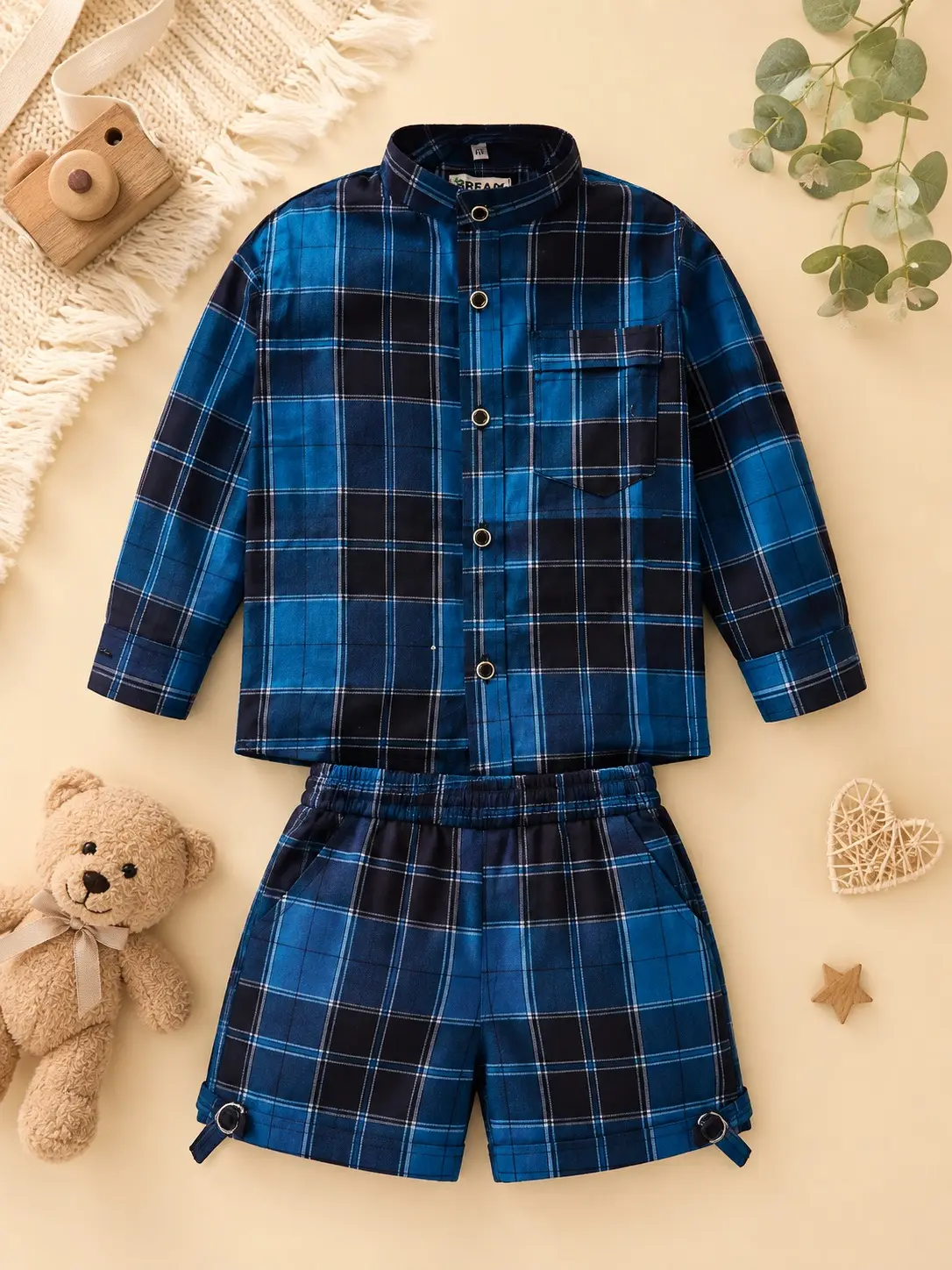 4-Year Boys Blue Plaid Shirt & Shorts Outfit Set - Image 2