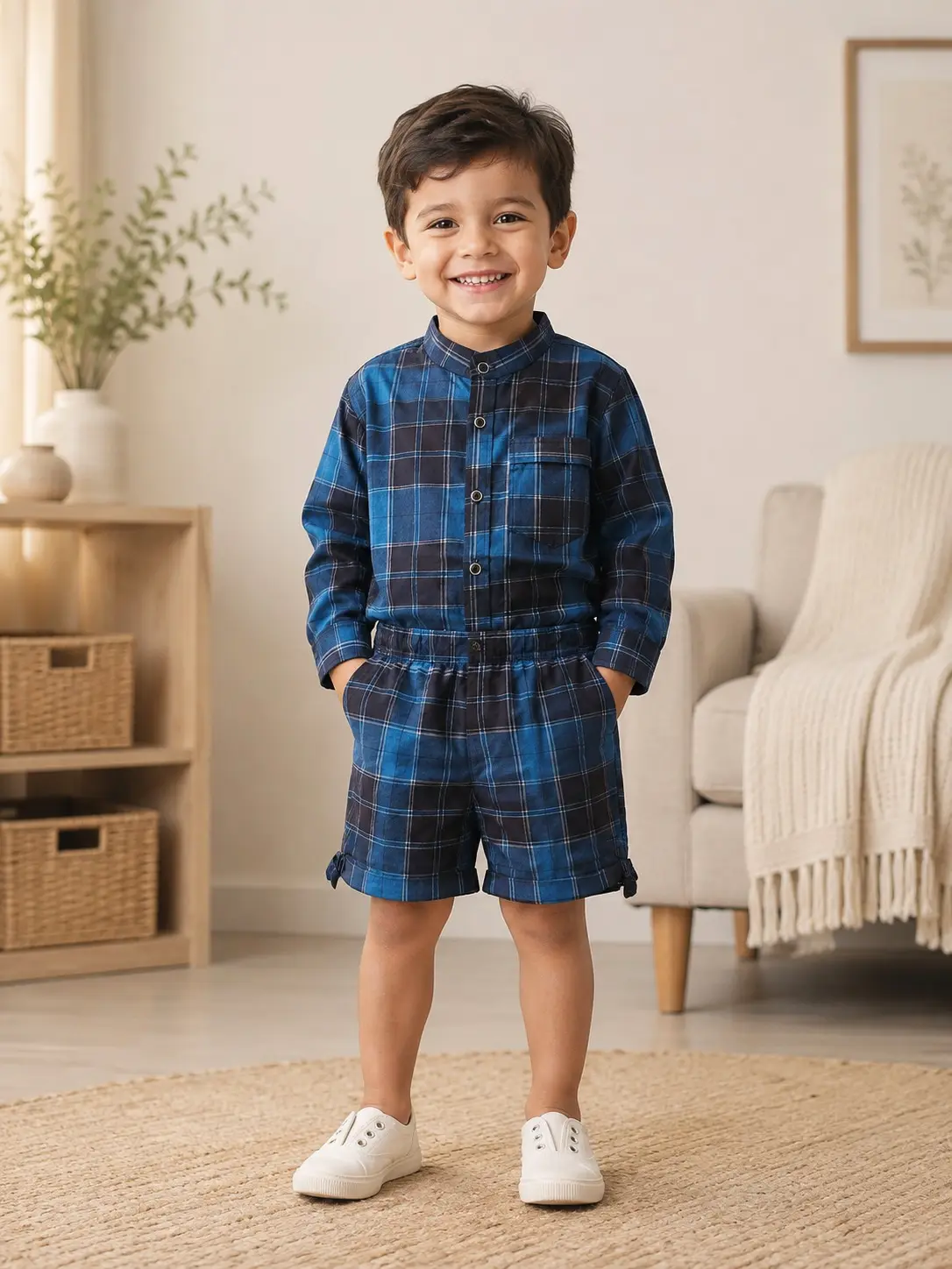 4-Year Boys Blue Plaid Shirt & Shorts Outfit Set