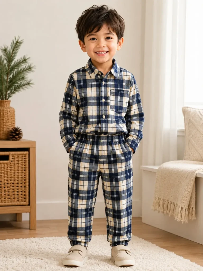 4-Year Boys Navy Plaid Shirt & Jogger Pants Set