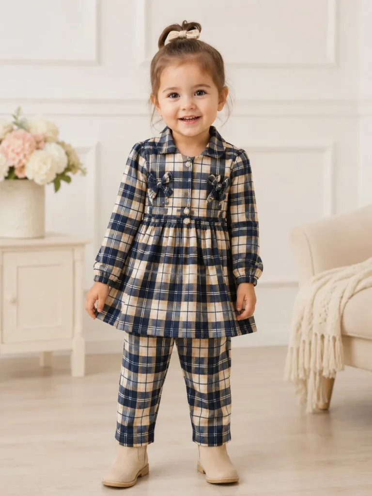 Baby Girls Plaid Tunic & Leggings Set – Navy Cream Check