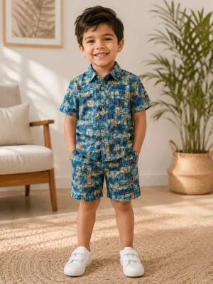 Boys 4T Blue Printed Short-Sleeve Shirt & Shorts Set