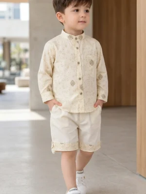 Boys 4T Cream Floral Embroidered Shirt & Shorts Set