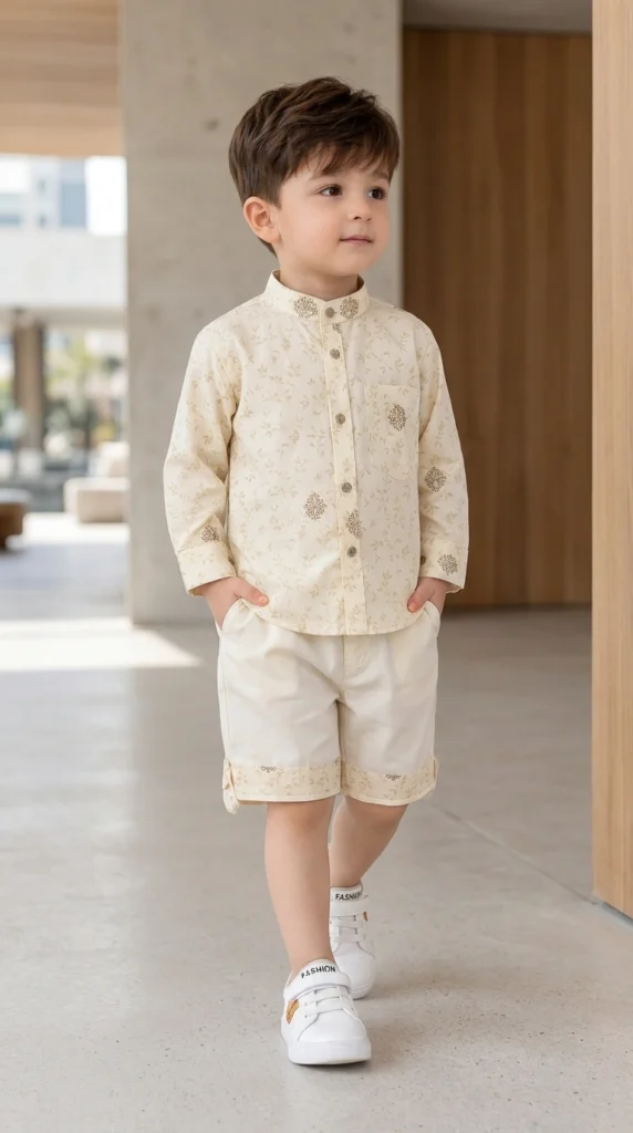 Boys 4T Cream Floral Embroidered Shirt & Shorts Set