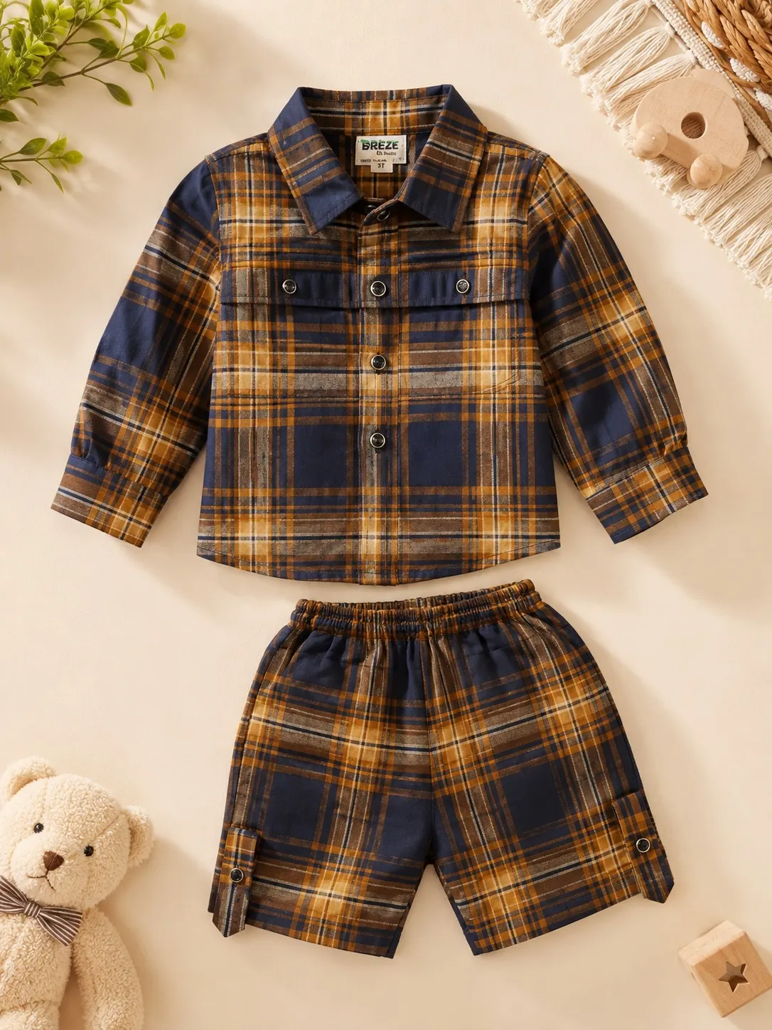 Boys 4T Navy Plaid Long-Sleeve Shirt & Shorts Set - Image 2