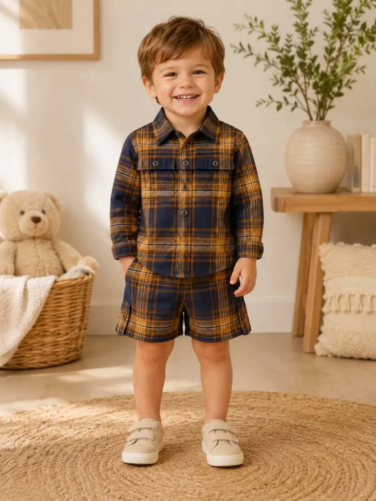 Boys 4T Navy Plaid Long-Sleeve Shirt & Shorts Set