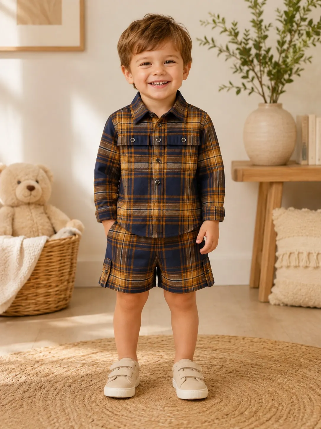 Boys 4T Navy Plaid Long-Sleeve Shirt & Shorts Set