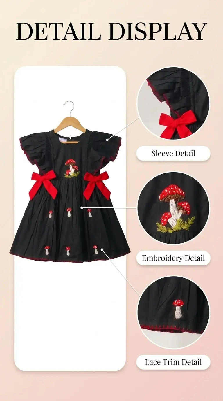 BreakOrDie black embroidered mushroom 100% premium cotton girls boutique dress with red satin bows