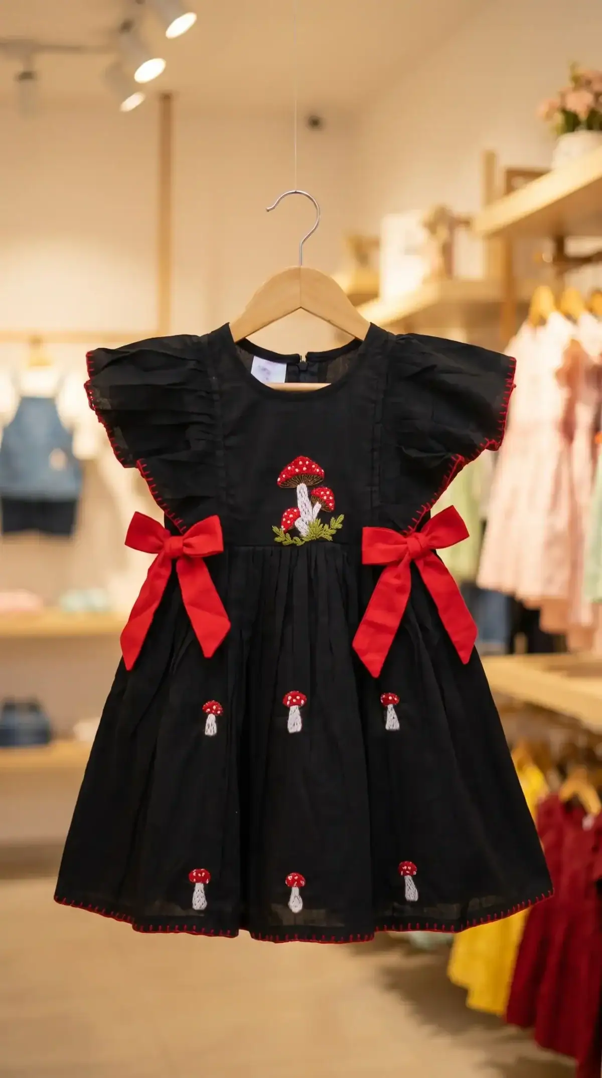 BreakOrDie black embroidered mushroom 100% premium cotton girls boutique dress with red satin bows