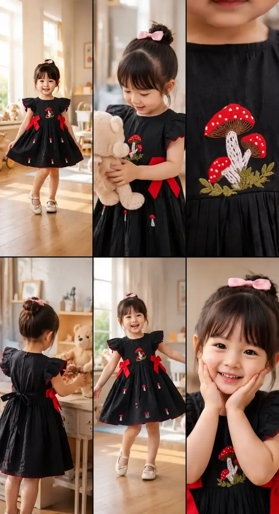 BreakOrDie black embroidered mushroom 100% premium cotton girls boutique dress with red satin bows
