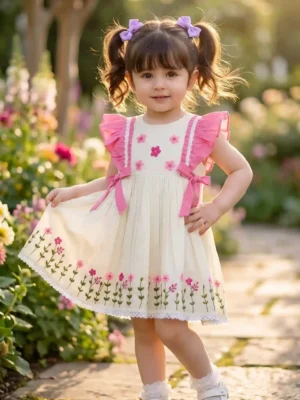 BreakOrDie luxury cream and pink floral embroidered cotton girls dress with ruffle straps