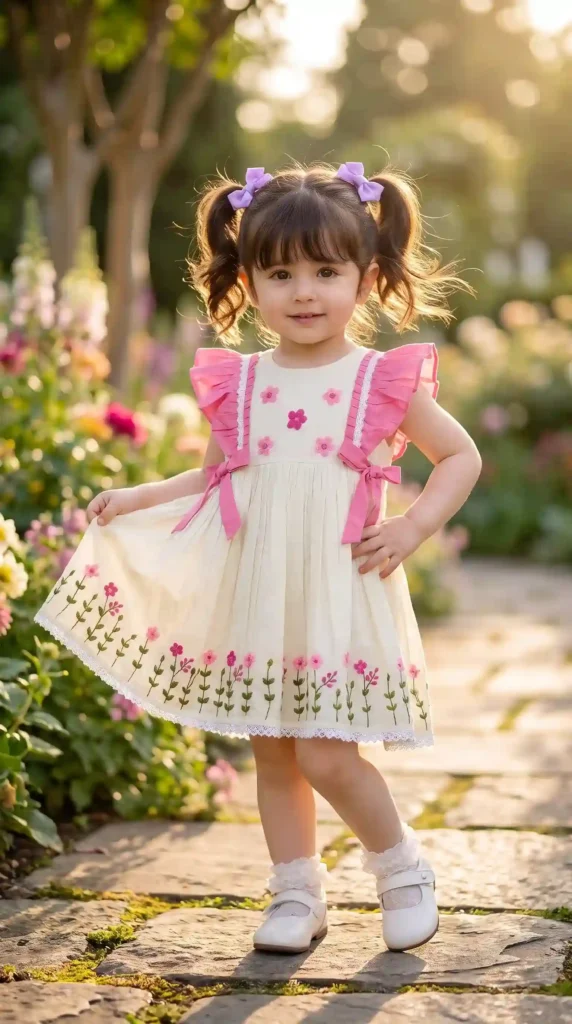 BreakOrDie luxury cream and pink floral embroidered cotton girls dress with ruffle straps