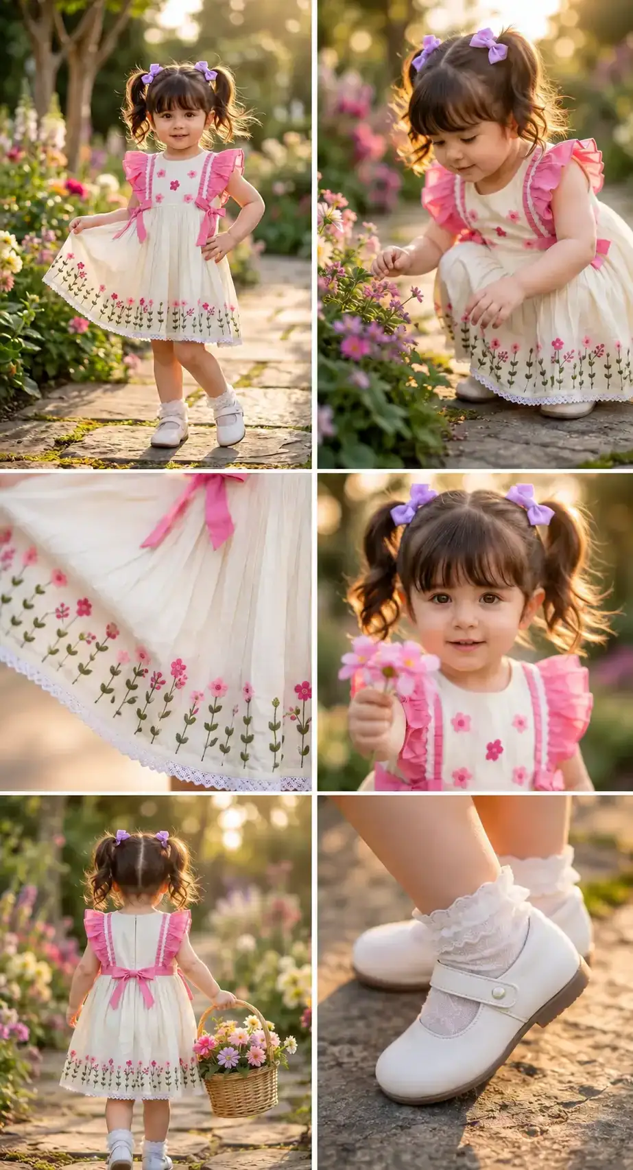 BreakOrDie luxury cream and pink floral embroidered cotton girls dress with ruffle straps
