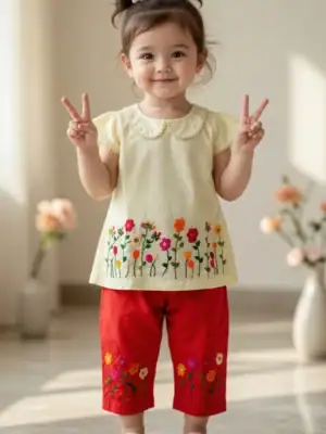 BreakOrDie Hand & Heart girls 4T ivory cotton top and red pants with colorful floral embroidery