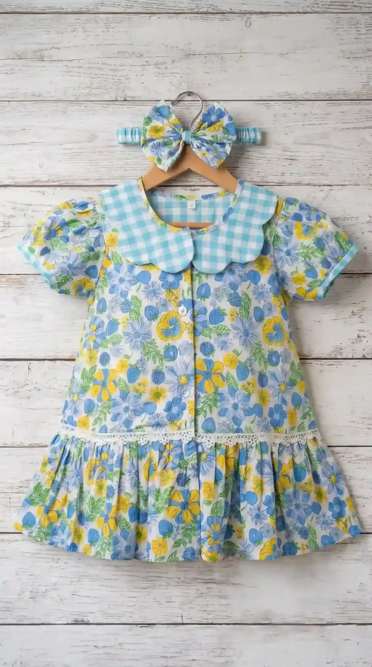 BreakOrDie girls floral print 100% cotton dress with Peter Pan collar and matching bow headband