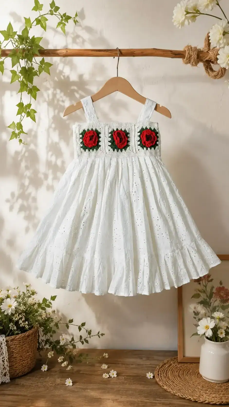 Luxury white cotton girls dress with handcrafted crochet red roses and eyelet fabric by BreakOrDie
