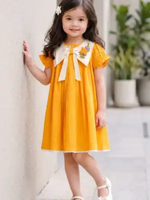 Hand & Heart | Mustard Yellow Embroidered Cotton Dress | 2T, 3T, 4T & 5T