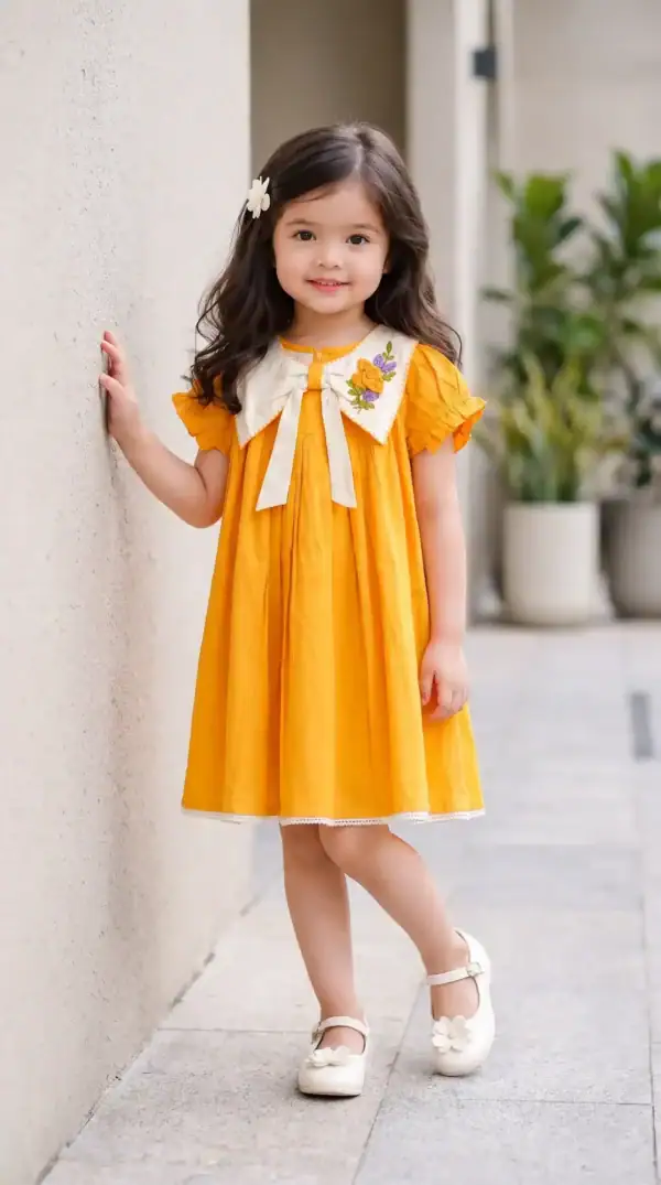 Hand & Heart | Mustard Yellow Embroidered Cotton Dress |  2T, 3T, 4T & 5T