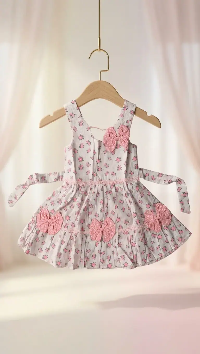 BreakOrDie girls white and pink floral cotton sleeveless toddler dress with decorative bows