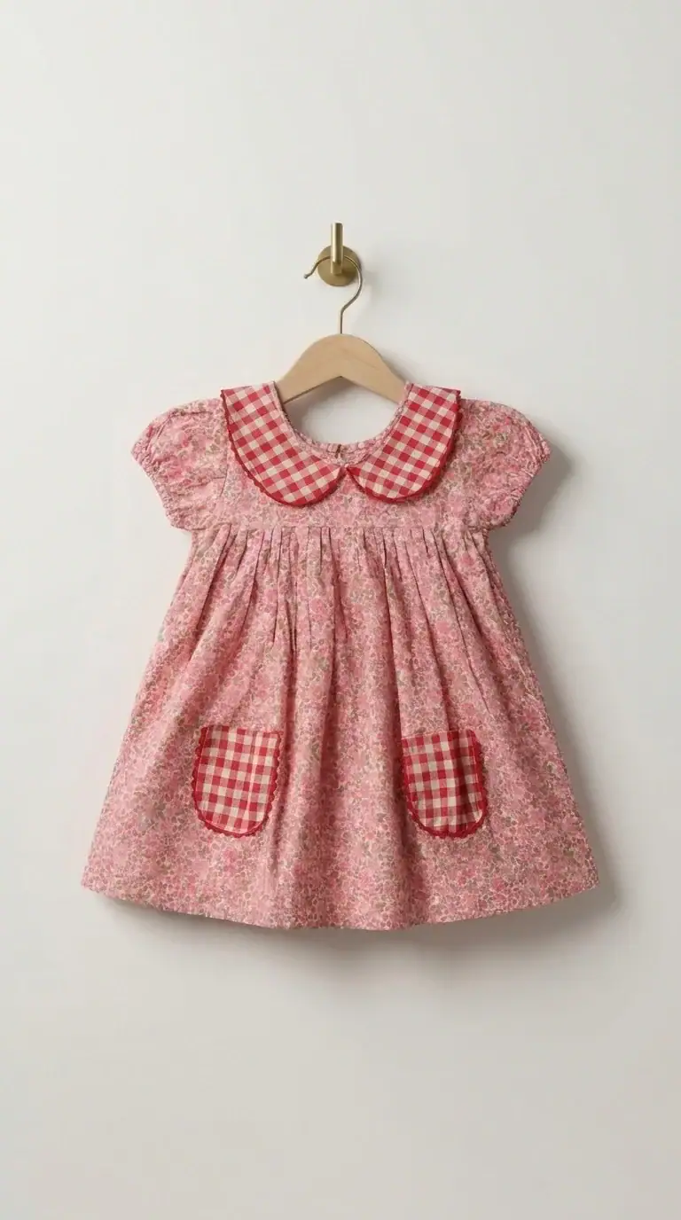 BreakOrDie girls pink floral cotton Peter Pan collar dress with gingham pockets